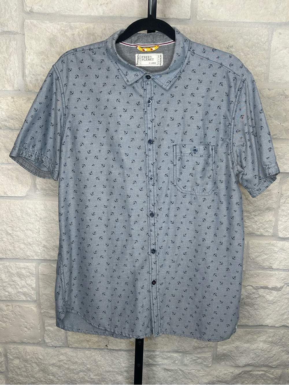 Free Planet Short Sleeve Button-Up Shirt - Dusty Blue Anchor Print X Large